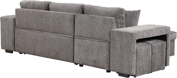 104.5 inch Reversible Sleeper Sectional Sofa with Pull Out Bed , Convertible L Shaped Sectional Couch with Storage Chaise and 2 Stools , Tufted Upholstered Pullout Sofa Bed for Living Room Apartment