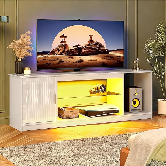Bestier Glossy Fluted TV Stand for 65 Inch TV, Gaming LED Entertainment Center with Cabinet for PS5 Xbox, TV Console with Adjustable Glass Shelves for Living Room Bedroom, Bright White by Bestier