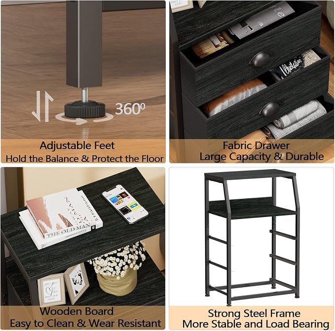 Furnulem Black Night Stand, Small Dresser for Bedroom, Nightstand with 3 Fabric Storage Drawers and 2-Tier Shelf, End Table Side Furniture for Closet, Hallway, Nursery, Sturdy Steel Frame, Wood Top - Image 6