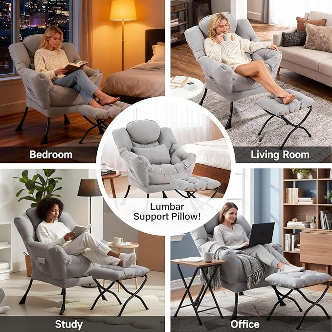 Lazy Chair with Ottoman, Modern Accent Chair with Lumbar Pillow, Grey Sofa, Armchairs with Folding Footrest, Oversized Supportive Chairs for Bedroom, Reading