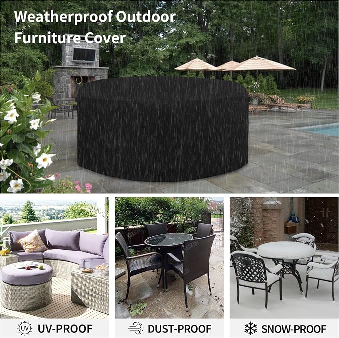 Easy-Going 600D Heavy Duty Round Patio Furniture Cover, Outdoor Table and Chair Set Cover, Waterproof Outdoor Sectional Furniture Set Cover (96" DIAx 28" H, Black) - Image 6