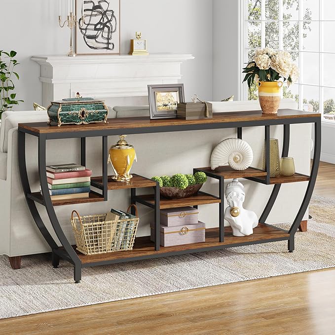 LITTLE TREE 70.9 Inch Long Console Table, Sofa Table with Storage Shelves, Industrial Entryway Table TV Stand, Behind Couch Table Accent Tables for Living Room, Hallway, Foyer