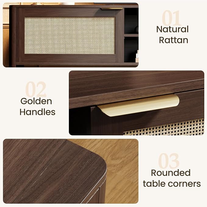 IKALIFE TV Stand for Living Room - Fits up to 65 Inch TVs, Rattan Media Console Table with Adjustable Shelves & 2 Storage Cabinets, Mid-Century Modern Entertainment Center, Walnut 58" - Image 5
