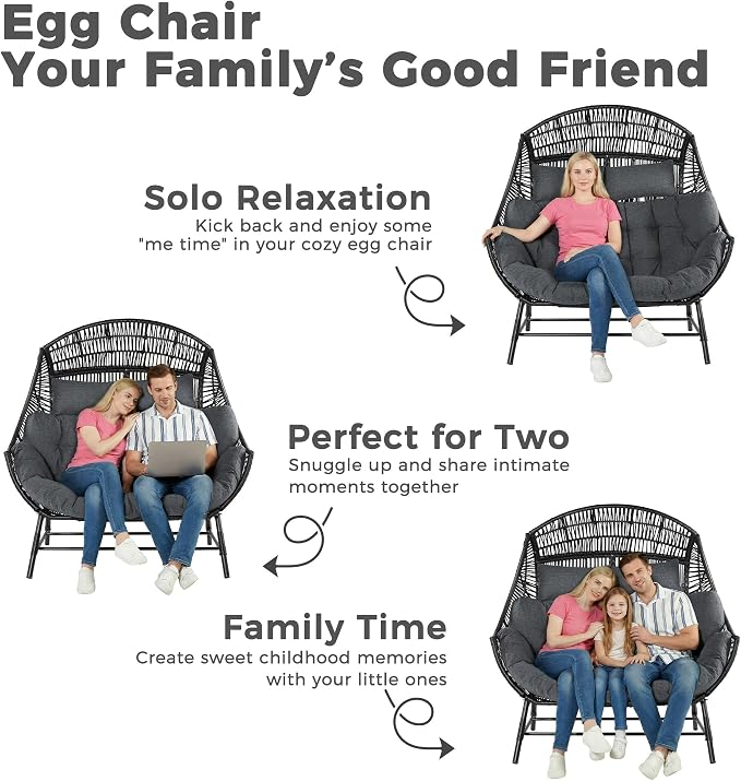 IRONCK Egg Chair Outdoor, Double Wicker Egg Lounge Chair, Upgraded Feet, Handrest and Padded Cushion, 700Lbs, Oversized Loveseat for Backyard, Patio, Living Room, Gray - Image 3