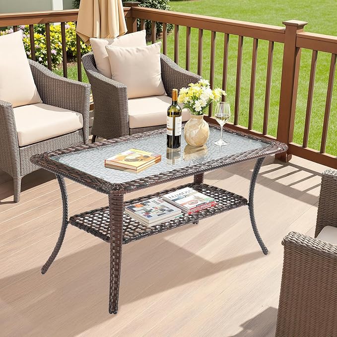 VINGLI Outdoor Coffee Table with Storage Wicker Patio Coffee Table, Tempered Glass Top Coffee Table for Patio Outside Balcony Porch Deck (Brown) - Image 6