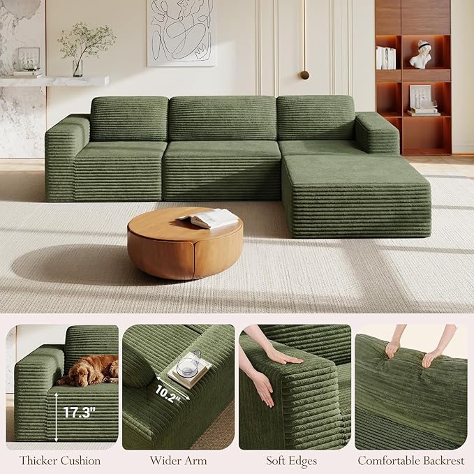 Vesgantti 119" L-Shaped Modular Sectional Sofa, Corduroy Cloud Couch with Deep Seating & Spring Support, Flexible Layout Sofa with Ottoman, Boneless Style, No Assembly Required, Green