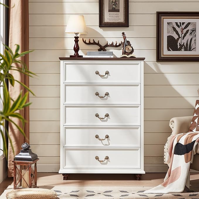 Joaxswe 24" Wide Farmhouse Nightstand with Charging Station Set of 2,54" 7 Drawers Dresser, 45" Tall Rustic Chests of 5 Drawers, Farmhouse Furniture Series for Bedroom,White
