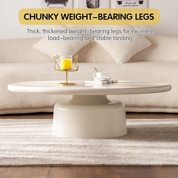 Cream White Oval Coffee Tables for Living Room Modern Irregular Coffee Table Center Tables Space Saving Sofa Low Table Unique Stable Pedestal Tea Table for Bedroom Easy Assembly (Oval 45.66")