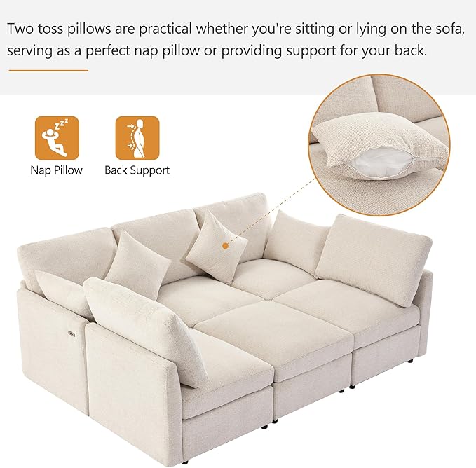 6 Seater Reversible Modular Sectional Sofa Convertible Sleeper Couch Bed , Free Combination Chenille Upholstered Corner Sofa&Couches with USB Ports and Detachable Cushions for Living Room Furniture