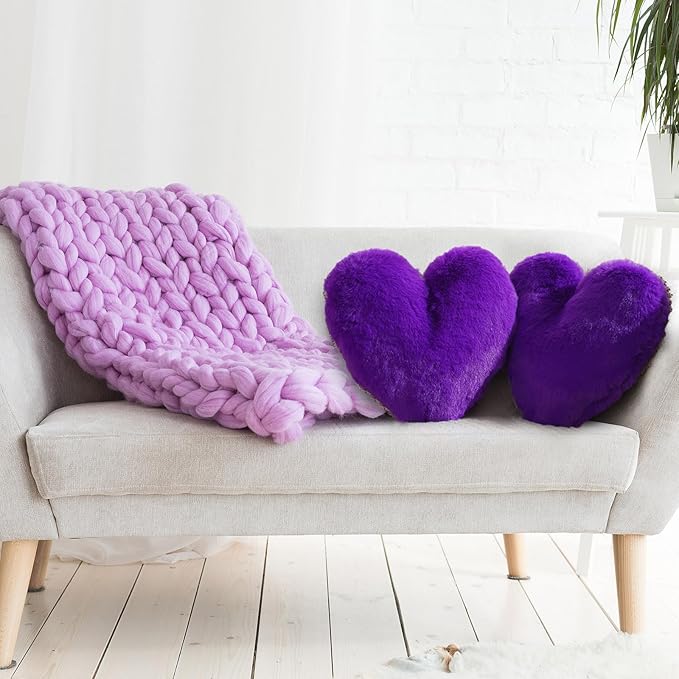 Marsui 2 Pcs Heart Throw Pillows, Soft Fluffy Faux Fur Decorative Hearts Shaped Pillows for Living Room Sofa Bed, Cute Heart Themed Gift for Women(Royal Purple,11.81 x 11.02 Inch)