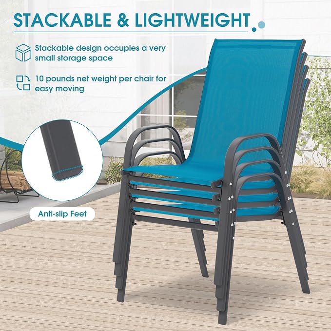 Outdoor Stackable Chairs Set of 6, Stacking Patio Chairs with Textilene Fabric, Outside Furniture for Garden Backyard Balconie Poolside Deck, Blue - Image 5