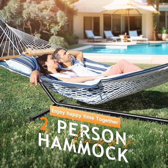 Everyfun 2 Person Outdoor Hammock with Stand, Cotton Rope Hammock with Polyester Pad, Adjustable Steel Frame, Portable with Carrying Bag – for Patio, Backyard, Garden, Beach, Blue - Image 4