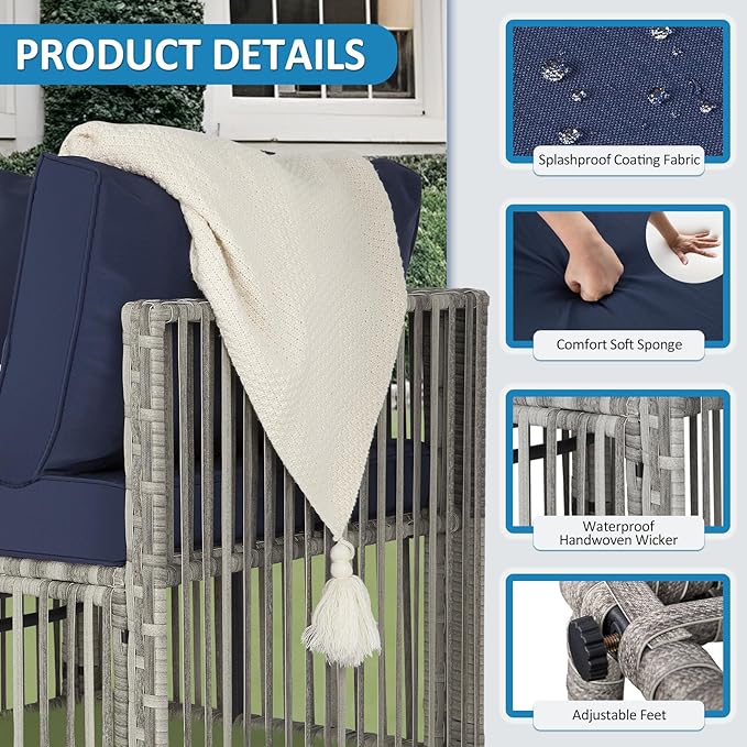 FHFO 7 Pieces Outdoor Patio Furniture Set, Wicker Outdoor Sectional Conversation Couch Set with Adjustable Backrest Sofa, Thick Cushion & Coffee Table for Garden, Porch, Poolside, Grey/Blue
