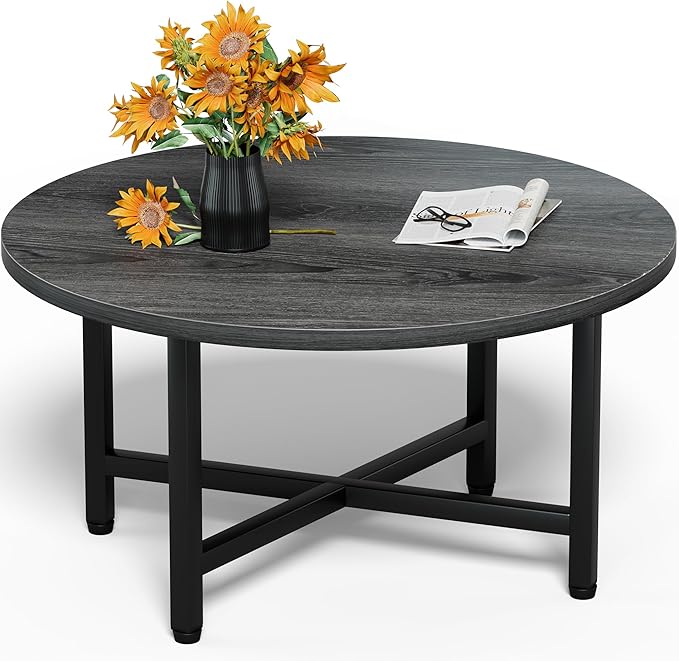 Coffee Table, 23.6" Small Coffee Tables, Gray Round Coffee Tables for Living Room, Floor Table for Sitting on The Floor, Center Coffee Table with Metal Frame for Office Apartment Home