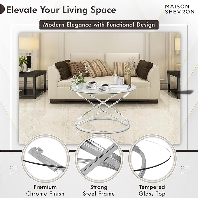 Modern Silver Round Glass Coffee Table – 26.7” Tempered Glass Top & Luxe Chrome Cross-Leg Base – Stylish Accent Table for Living Room, Apartment or Condo – Easy Setup – Space-Saving & Statement-Making