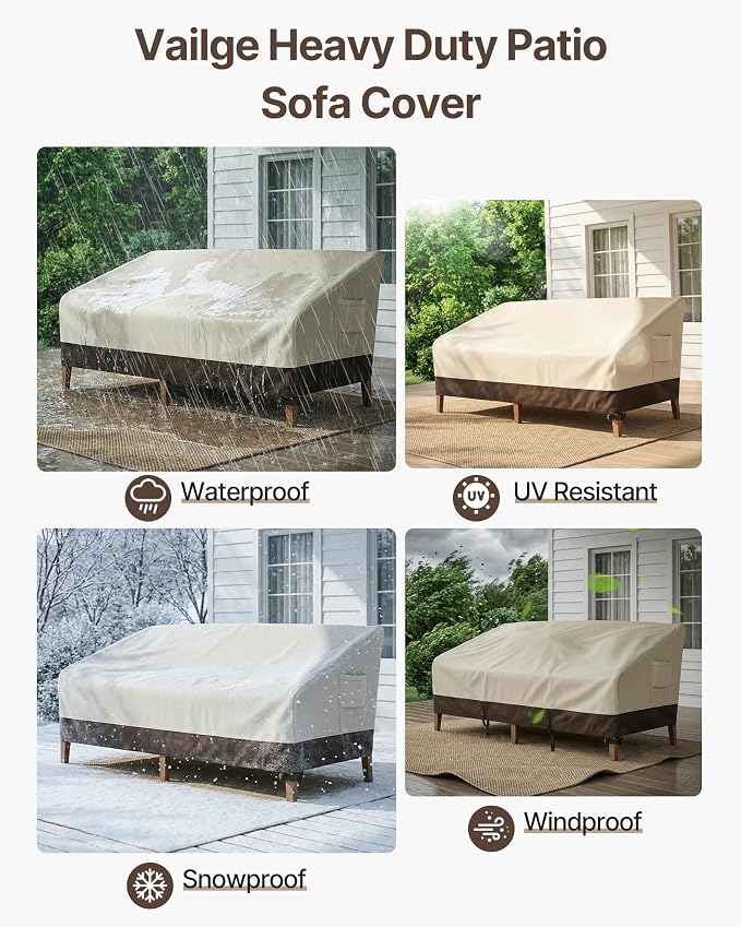 Vailge Heavy Duty Patio Sofa Cover, 100% Waterproof 3-Seater Outdoor Sofa Cover,Lawn Patio Furniture Covers with Air Vent and Handle,85" Wx 37" Dx 35" H,Beige&Brown - Image 6