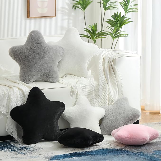 YRXRUS Star Pillows, White Star Shaped Pillow, Decorative Throw Pillow Gifts, Cute Plush Room Decor, Fluffy Faux Rabbit Fur 14"x14"Pillows for Living Bedroom