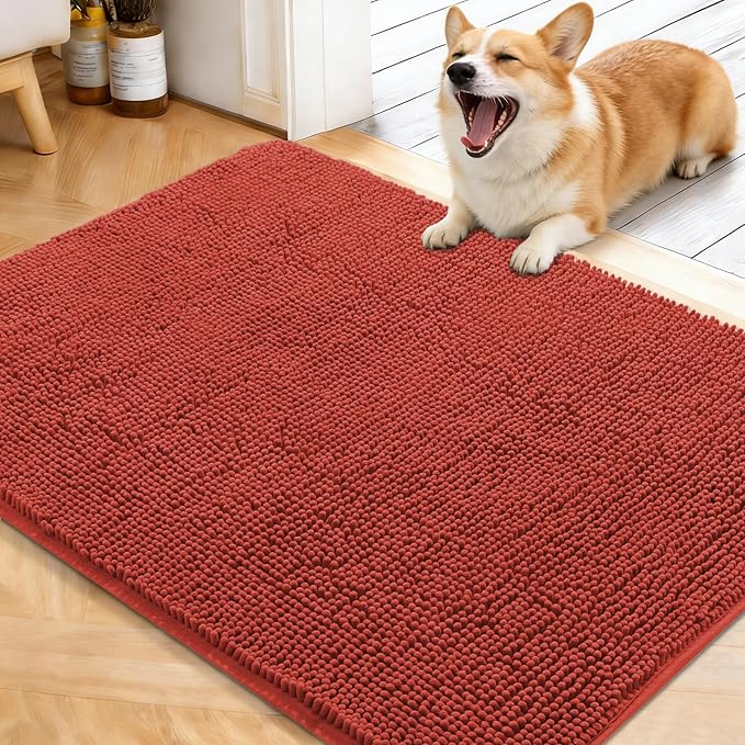 OLANLY Dog Door Mat for Muddy Paws 40x32, Absorbs Moisture and Dirt, Absorbent Non-Slip Washable Doormat, Quick Dry Chenille Mud Mat for Dogs, Entry Indoor Entryway Carpet for Inside Floor, Maple Red by OLANLY