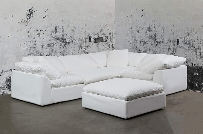 Sunset Trading Contemporary Puff 5PC Performance Fabric Washable Water-Resistant Stain-Proof White Slipcovered Modular L-Shaped Sectional Sofa with Ottoman, Deep-Seat Down-Fill