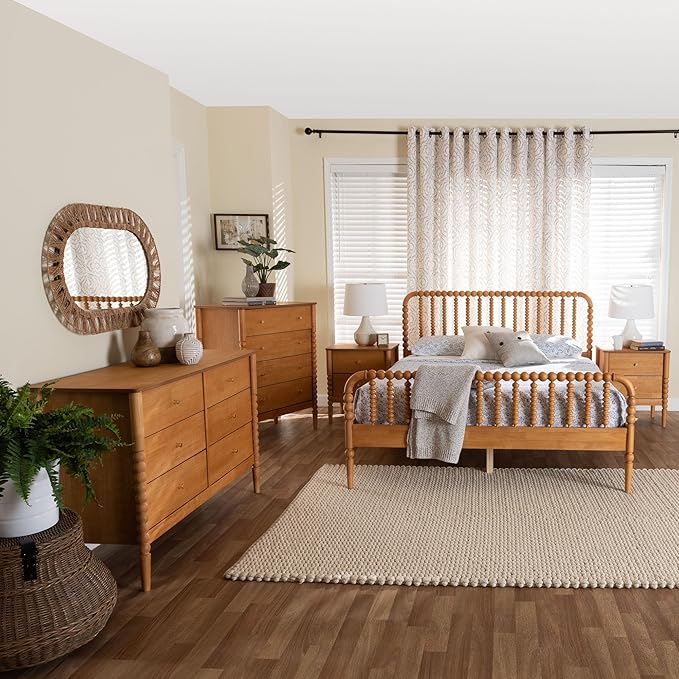 Baxton Studio Lucera Bobbin Wood Bedroom Set, 5-Piece, Queen, Oak Brown