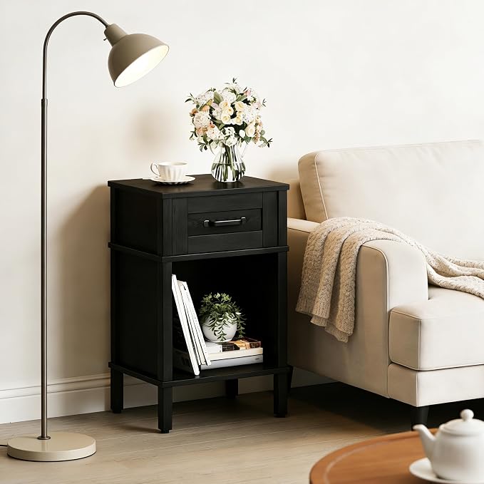 Farmhouse Nightstand with Drawer, Small Wood Side Table, Wooden Bedroom Nightstand, Wood Night Stand, Black Bedside Table with Storage, Black End Table for Living Room LET512B - Image 4