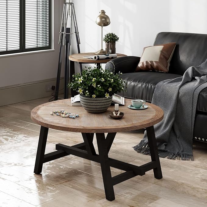 COZAYH Rustic Farmhouse End Table with Storage Shelf, French Country Modern Round Accent Side Table for Small Spaces, Wood Top & Black Base