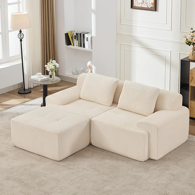 KIGOTY Modular Sectional Sofa, 3 PCS Comfy Cloud Sectional Couch with Deep Seat, L-Shaped Corner Sofas with Ottoman, Modern Boneless Couch for Living Room, No Assembly Required,White