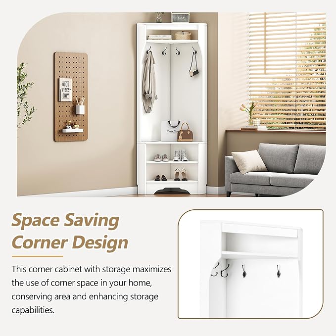 LUMISOL Corner Hall Tree with Shoe Bench for Entryway, Modern Mudroom Coat Rack with 4 Hooks, Corner Cabinet with Adjustable Shelf for Living Room Hallway, White - Image 5