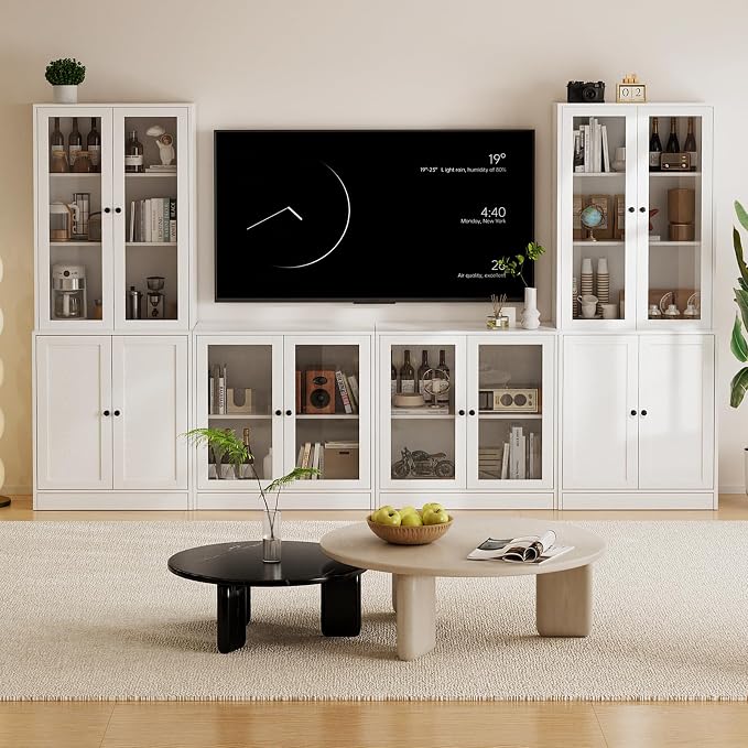 TUSY 71" TV Stand Storage Set - 2 Tall Bookcases & 2 Side Cabinets, Media Console with Glass & Wood Doors, Entertainment Center with Drawers, Tall Media Console for Living Room (White, ADDA) - Image 3