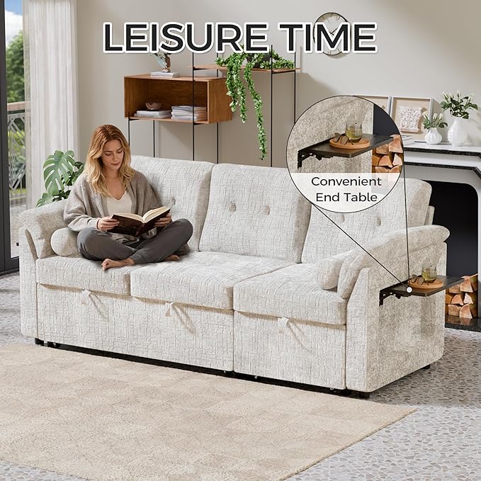 Convertible Queen Sofa Bed, 63 Inch Chenille Pull Out Couch with Side Table, 3 Seat Pull Out Sofa Bed with Level Adjustable Backrest, Comfy Sleeper Sofas for Living Room, Apartment, Beige