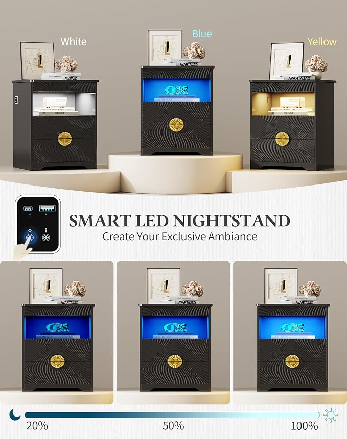 Modern Nightstand Set 2 with Gun Drawer, Bedside Table with 3-Color LED Lights & Human Sensor, Smart Night Stands with Charger Station, 2 Drawers End Table for Bedroom, Black - Image 5