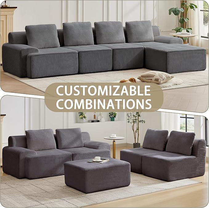 Modular Sectional Sofa with Movable Ottoman, 4 Seat Deep Seat Couch with 4 Pillows, Comfy Cloud Sectional Sofa for Living Room, Bedroom and Apartment (Grey, 1 Left+1 Right+2 Middle+1 Ottoman)