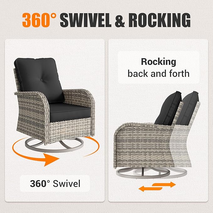 15-Piece Outdoor Patio Furniture Set with Rocking Swivel Chair, Wicker Rattan Sectional Sofa Conversation Set with Tempered Glass Table with Ottomans, Backyard Furniture, Dark Grey