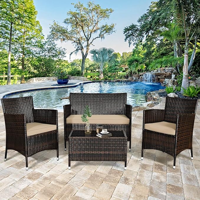 HAPPYGRILL 4-Piece Patio Furniture Set Outdoor Rattan Wicker Conversation Set with Cushioned Sofa and Coffee Table for Porch Backyard Garden Poolside