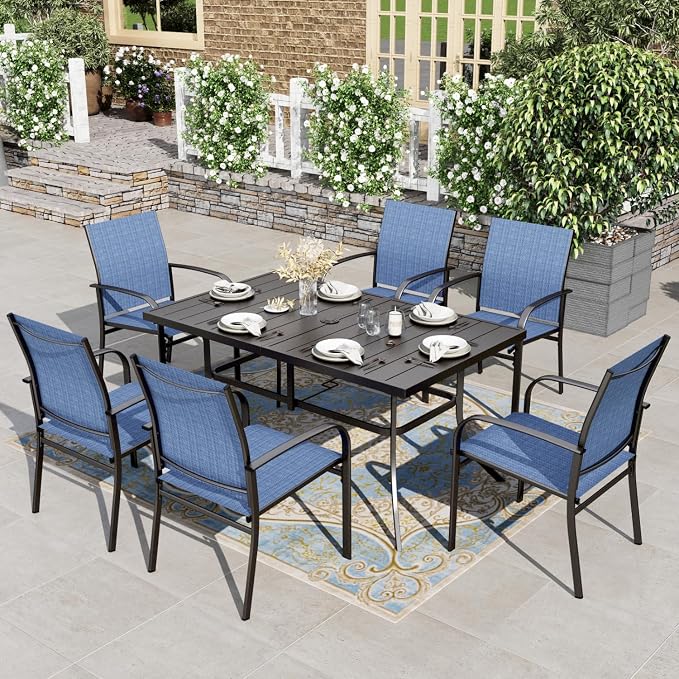 HERA'S HOUSE Outdoor Dining Set, Rectangle Metal Table with Double Umbrella Hole and 6 Armrest Chairs, Patio Table and Chairs for Backyard Garden Porch Deck (Blue) by HERASHOUSE