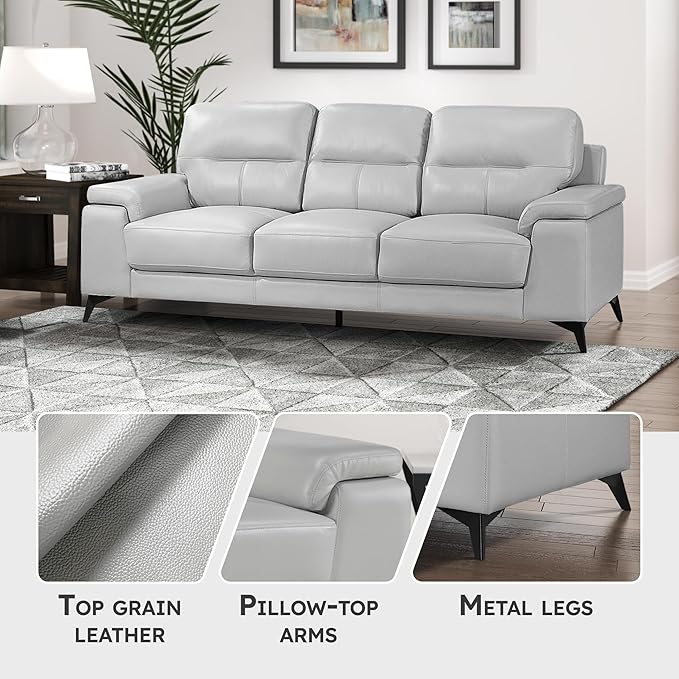 Lexicon Leather Couch, Modern Couch Sofa, Top Grain Leather Sofa, Oversized Sofa for Living Room, Bedroom, Office, Apartment, 3-Seater Couches, Silver Gray