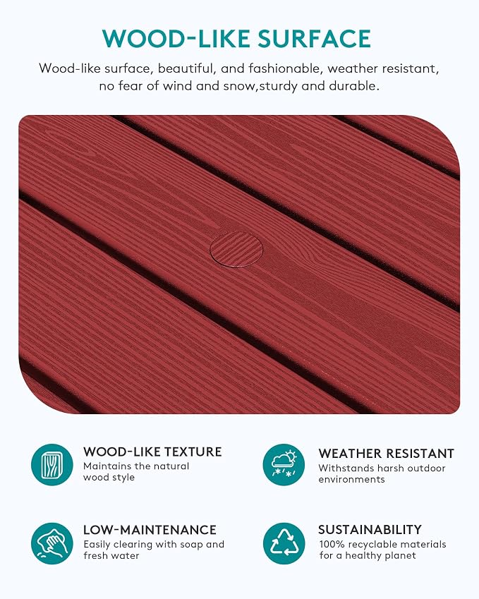 SERWALL Outdoor Coffee Table with 9FT Umbrella, HDPE Patio Coffee Table for Outside, Rectangle, Red(Not Include Umbrella Base) - Image 4
