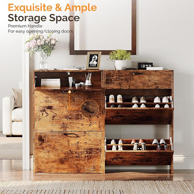VINGLI Shoe Cabinet Storage for Entryway Ultra Slim with 2 Flip &1Drop-Down Drawers, 24.8" W Narrow Shoe Cabinet for Front Door Entrance,Freestanding Rustic Brown Wood Shoes Organizer for Hallway - Image 5