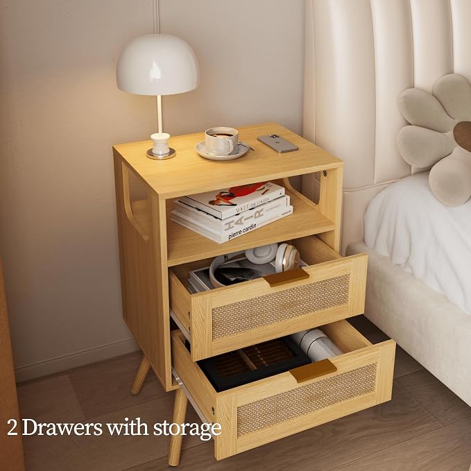 JOONEE Rattan Nightstand,Farmhouse Bedside Table with 2 Storage Drawer and Open Wood Shelf, for Bedroom and Small Spaces,Night Stand with Solid Wood Legs (Yellow Oak) - Image 5