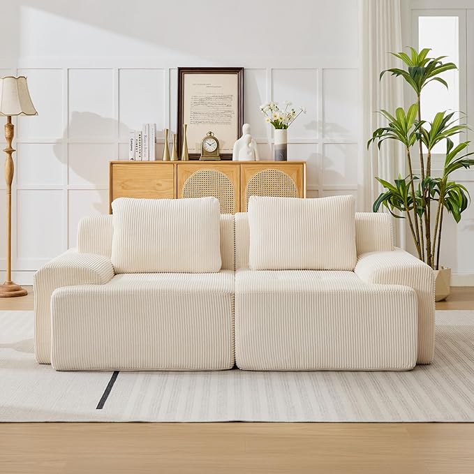 Modular Sectional Sofa, Boneless Couches for Living Room, Corduroy Couch, Big Comfy Couch, Modular Cloud Sofa with Deep Seat (White, 2 Pieces-Loveseat)