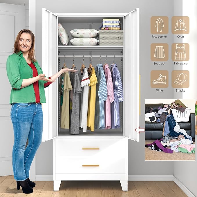 75.3" Tall Metal Armoire Wardrobe Closet with 2 Doors and 2 Drawers, Adjustable Hanging Rod and Adjustable Shelf, Freestanding Storage Cabinet Organizer for Bedroom, Office, Laundry Room，White