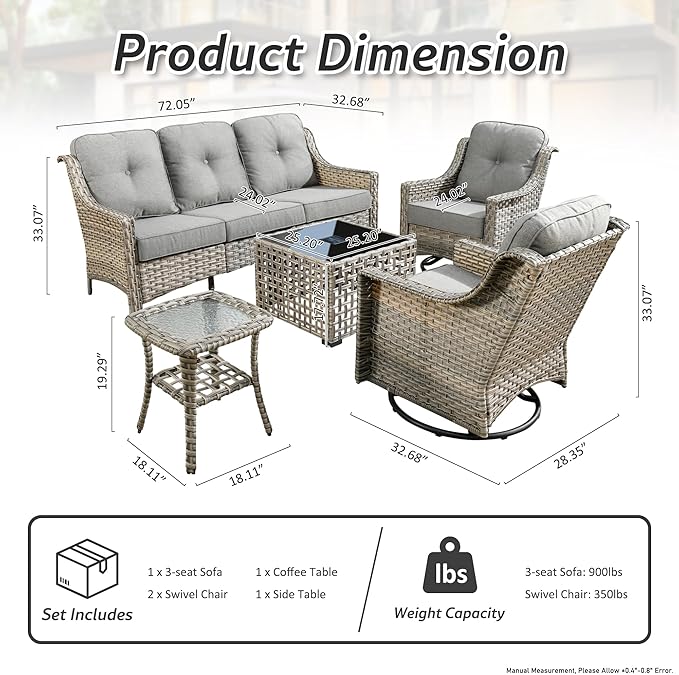 Patio Conversation Set,5 Pieces Wicker Patio Furnitures with Swivel Chair and Coffee Table,All Weather Patio Furniture Set for Garden,Backyard,Poolside and Patio,Dark Gray