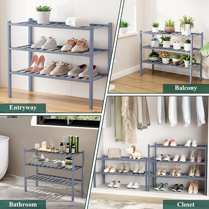 Smiry Shoe Rack, 3 Tier Long Bamboo Shoe Organizer, Stackable Free Standing Wooden Shoe Storage Shelf for Closet, Entryway, Front Door Entrance, Grey - Image 5