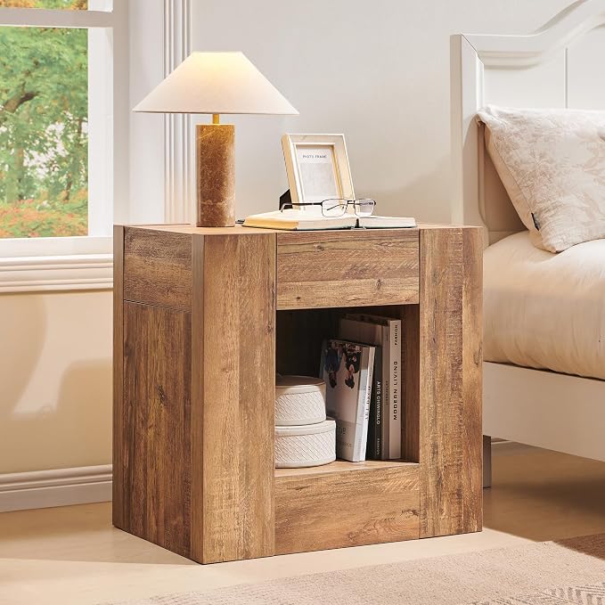 OKD 24" Wide Modern Nightstand, Wood Night Stand with Charging Station & Hidden Drawer, Side Table Bedroom with Storage Shelf, End Table, Gold Rustic Brown by OKD