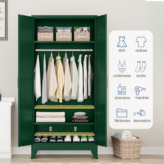 GAIOUS Metal Wardrobe Cabinet with Mirror and Hanging Rod, 71" Metal Clothing Storage Cabinets with 2 Doors and Adjustable Shelves, Green Armoire Wardrobe Closet for Bedroom, Laundry Room, Cloak Room