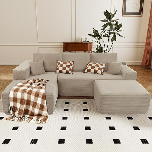 Rovibek 105” Modular Sectional Sofa with Chaise, Boneless Couches for Living Room with Deep Seat & Throw Pillow, Comfy Corduroy Fabric U Shaped Couch, No Assembly Required, Camel