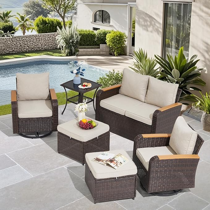 6 Pieces Outdoor Furniture Set with Swivel Chairs, Wicker Patio Furniture Sofa Couch for Porch Deck Bistro Lawn Garden Backyard Poolside-Brown Rattan/Khaki
