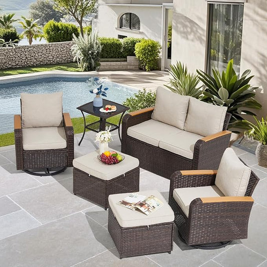 6 Pieces Outdoor Furniture Set with Swivel Chairs, Wicker Patio Furniture Sofa Couch for Porch Deck Bistro Lawn Garden Backyard Poolside-Brown Rattan/Khaki