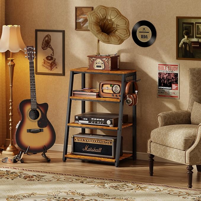 4-Tier AV Media Stand with 2 Hooks,Heavy Duty Stereo Cabinet Furniture-Large Stereo Rack and Game Console Stand,Wooden Record Player Stand,Audio Stand Perfect for DVD Players/Game Console/TV Box/Xbox - Image 2