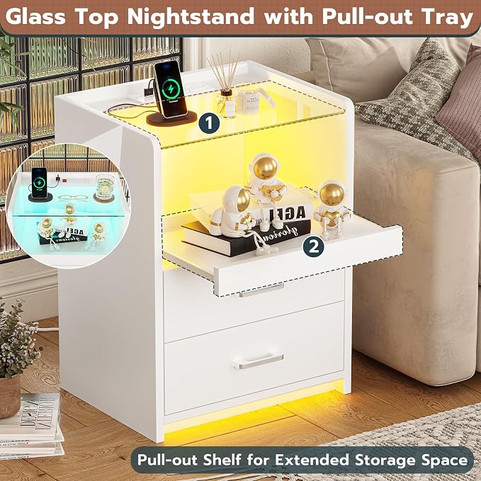 VIAGDO White Nightstand Set of 2 with Charging Station and LED Lights, 2 Drawers LED Night Stand with Tempered Glass Tabletop, Modern End Side Tables with Pull-Out Tray, Open Storage Bedside Tables - Image 7